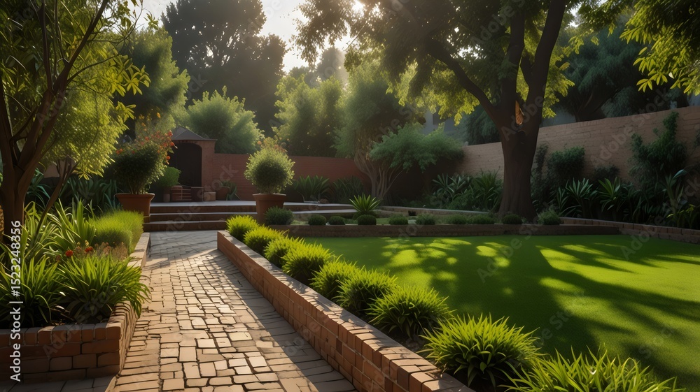 Fototapeta premium Lush Green Garden: Serene Pathways and Vibrant Foliage in Sunlight