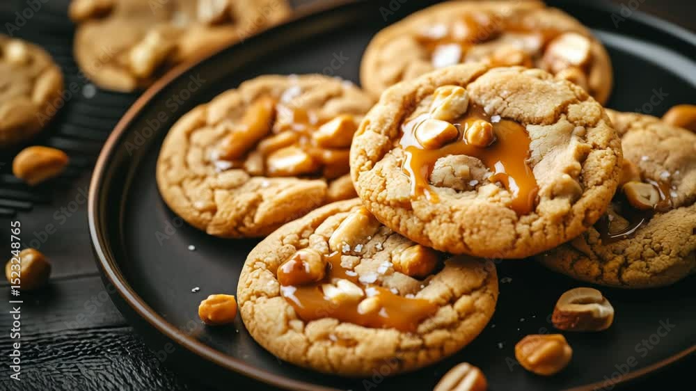 Delicious caramel cookies on plate with nuts in warm lighting, perfect for dessert enthusiasts