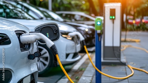 Close-up city photography charging electric vehicles in daylight