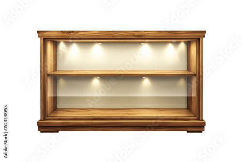 A captivating vintage wooden display case ready to showcase cherished collectibles with warm on transparent background