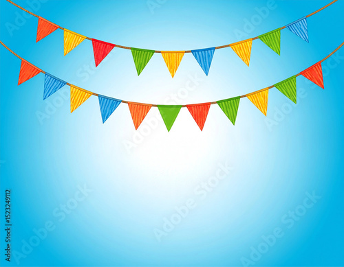 Dois varais com bandeirolas coloridas penduradas com fundo azul e espaço para texto.