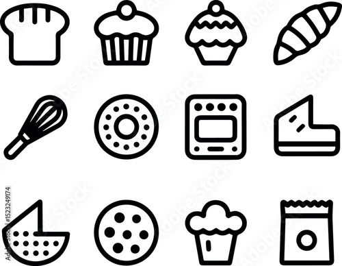 Bakery icons set delicious sweet treats baking utensils pie art oven food line bread donut whisk