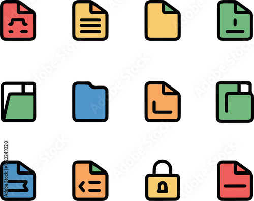 Colorful file icons set document folders secure data storage web lock flat files clean design system