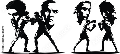 Legendary boxer face silhouettes and fighting figures, great for retro boxing tribute posters, icon illustrations, or commemorative design assets