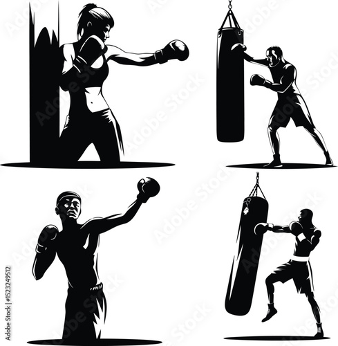 Boxers training with punching bags in silhouette frames, suitable for fitness app illustrations, exercise routines, and gym-focused commercial designs