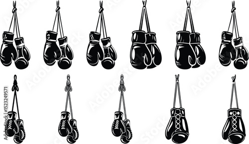 Hanging boxing gloves in varied orientations, great for sports equipment visuals, gym wall art, and boxing gear illustrations