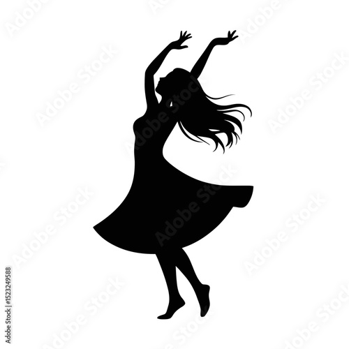 A silhouette of a dancing woman with flowing hair and raised arms evokes a sense of grace and movement