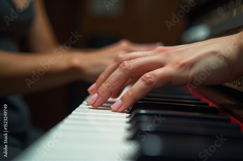 Close-up shot of a person's hands playing the piano