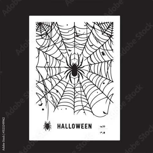Halloween Spider Web Vector with Black Spider on White Background

