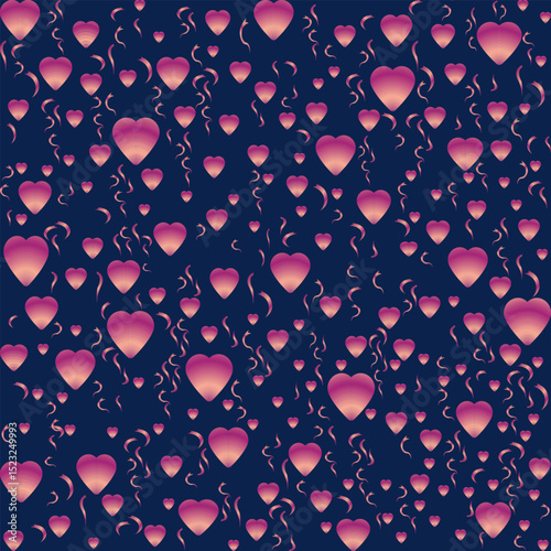 Seamless pattern with voluminous purple hearts on a dark blue background. Vector illustration for decorating your designs in a festive stylish way