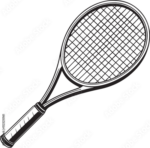 Tennis Racket Squash Vector Illustration, Sketch Drawing Line Linear Symbol Icon Engraving Coloring Book, Hand-drawn Black and White Isolated
