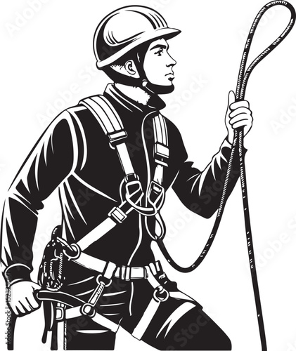 Mountaineer with safety equipment Vector Illustration, Sketch Drawing Line Linear Symbol Icon Engraving Coloring Book, Hand-drawn Black and White Isolated
