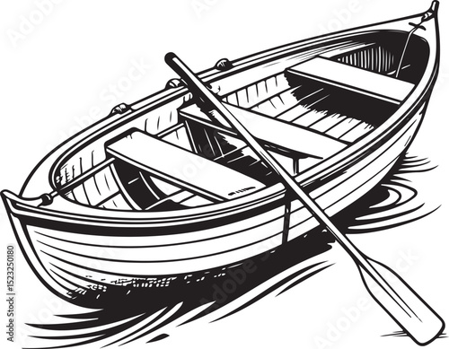 row boat Vector Illustration, Sketch Drawing Line Linear Symbol Icon Engraving Coloring Book, Hand-drawn Black and White Isolated
