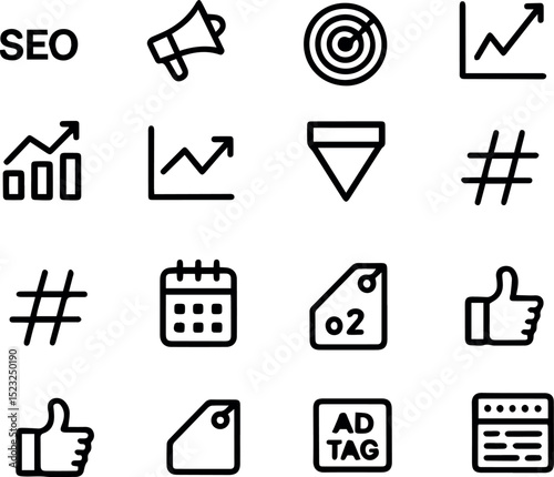 Digital marketing icons set for business growth strategy up ad seo tag web like data media chart