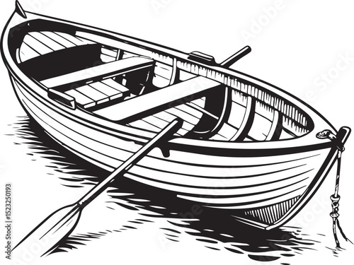 row boat Vector Illustration, Sketch Drawing Line Linear Symbol Icon Engraving Coloring Book, Hand-drawn Black and White Isolated
