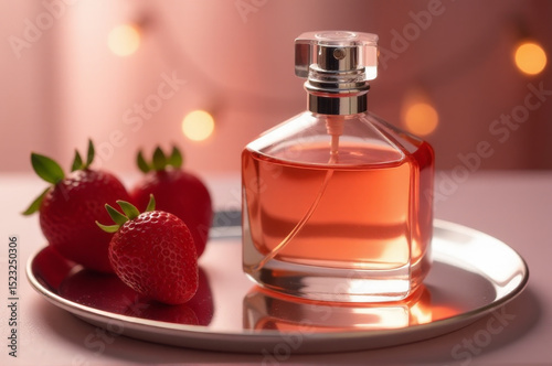 A bottle of perfume sits on a plate next to fresh strawberries, perfect for a romantic dinner or special occasion