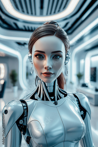Futuristic Robot Woman in Modern Setting
