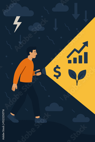 Navigating financial crisis: Person discovers investment growth, profit, and economic recovery with flashlight. Concept of resilience, finding opportunity, hope amidst adversity, solution.