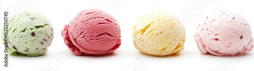 Four Colorful Ice Cream Scoops in Green Tea, Cherry Blossom, Mango, and Vanilla Flavors – High-Resolution Close-Up on White Background

