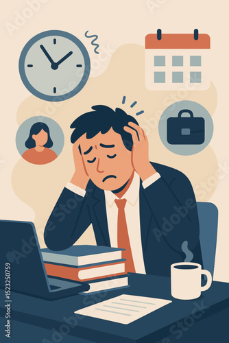 Overwhelmed businessman struggles with work pressure, stress, and deadlines at his office desk. Exhausted male employee experiencing burnout, fatigue, and headache. Mental health concept vector.