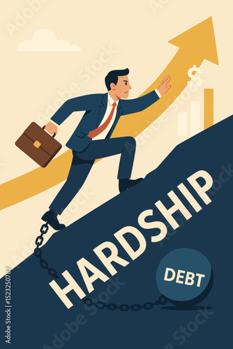 Entrepreneurial journey overcoming hardship and debt. Businessman climbing uphill chained to financial burden. Metaphor for ambition, career growth, success, challenge. Business determination concept.