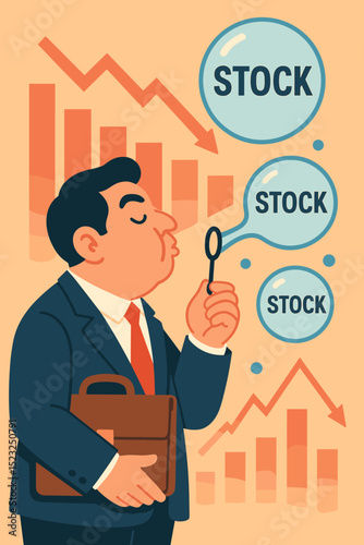 Speculative stock market bubble metaphor. Businessman inflates financial bubbles facing declining economic chart. Investment risk, market crash, asset overvaluation, finance crisis. Vector.