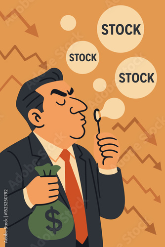 Stock Market Bubble metaphor. Businessman investor creating speculative financial bubbles with shares. Concept of economic risk, investment crisis, market crash, and overvalued assets.