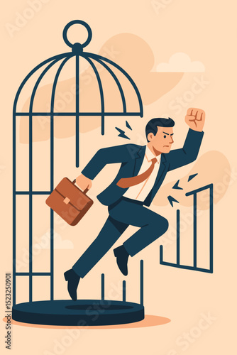 Businessman breaking free from birdcage, symbolizing liberation from corporate constraints. Metaphor for overcoming obstacles, ambition, career change, new beginnings, and achieving success.