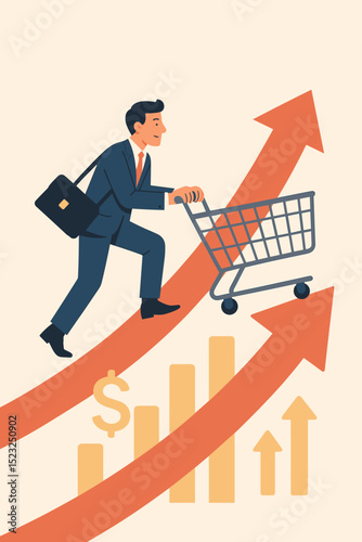Businessman pushing shopping cart up arrow, sales growth journey. Financial success concept. Vector illustration of market increase, profit, career development, ambition with rising chart.