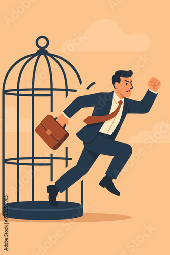 Breaking free concept: Determined businessman with briefcase escapes from a large birdcage, symbolizing liberation from corporate constraints, career transition, new opportunities, and success.