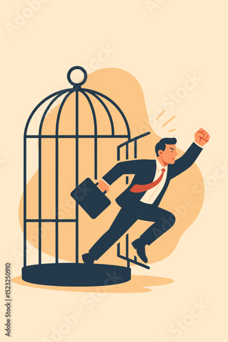Businessman breaking free from cage. Escape metaphor. Career change, new opportunity. Liberation, freedom concept. Corporate slavery, restrictions. Courage, success, ambition. Entrepreneur.