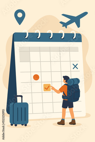 Backpacker scheduling vacation on giant calendar. Travel planning, itinerary organization, adventure booking concept. Miniature tourist with luggage, flight and location icons for holiday trip.