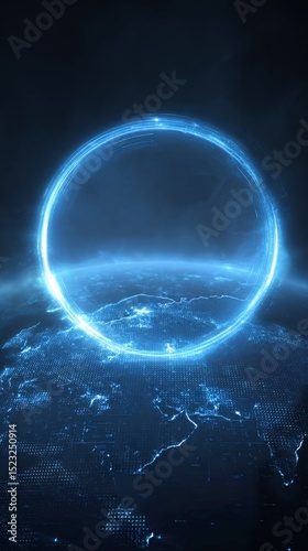 Futuristic Blue Portal Hovering Above a Digital Surface With Glowing Grid Lines at Night.