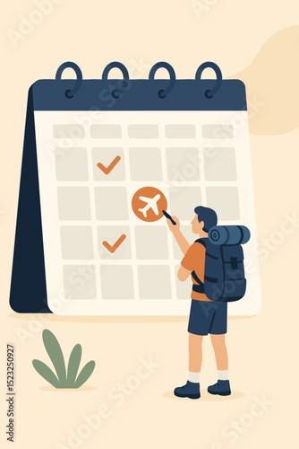 Miniature backpacker marks travel date on large calendar for upcoming vacation. Flight booking, holiday schedule, trip planning & organization concept. Adventure journey preparation illustration.