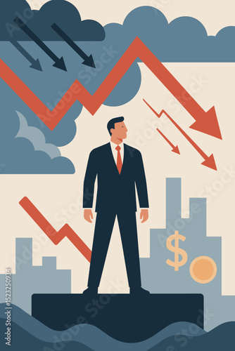 Economic Resilience: Businessman Stands Firm Amidst Financial Crisis, Downturn, Market Crash, and Recession with Determination and Strategic Vision for Success