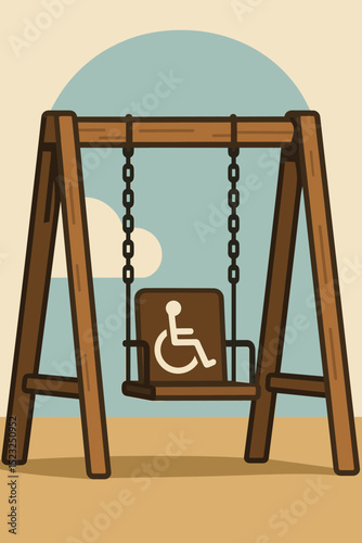Vector illustration of an inclusive playground swing designed for wheelchair accessibility. Promotes equality, special needs recreation, accessible outdoor play for all children. Park fun.