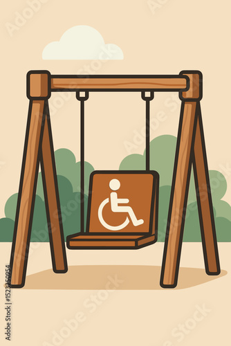 Inclusive playground swing vector illustration. Wheelchair accessible park equipment for children with disabilities. Outdoor recreation, equal access design, special needs friendly play area.