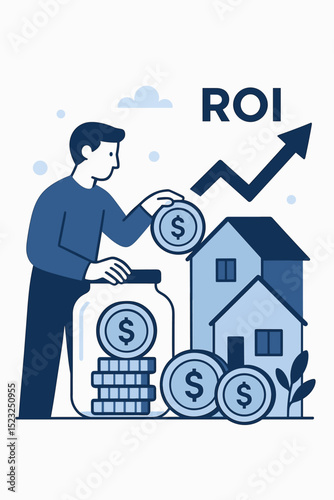 Real estate investment strategy. Man saving money, putting coin in jar for house purchase. Property investment for financial growth, wealth building. Return on Investment, ROI chart, upward arrow.