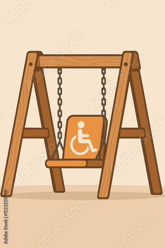 Inclusive playground. Wheelchair swing. Accessible park equipment. Disability friendly design. Children outdoor play. Special needs recreation concept. Vector illustration. Adapted. Equality.