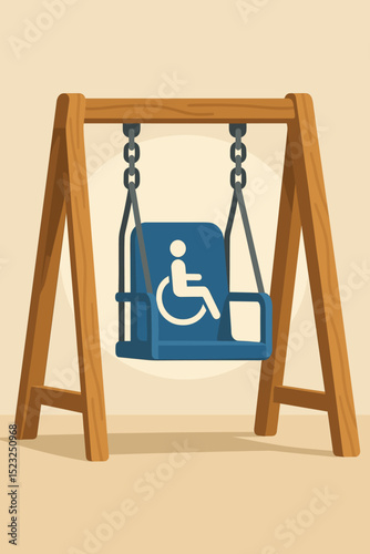 Inclusive playground swing vector. Accessible adaptive swing set for disabled children. Wheelchair symbol on seat. Outdoor park equipment for special needs. Play, equality, accessibility concept.
