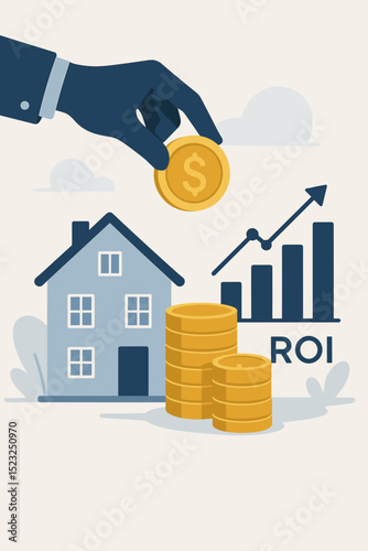 Real estate investment strategy concept. Hand putting coin into house, symbolizing property purchase and mortgage. Financial growth, ROI chart, wealth building, and asset appreciation.
