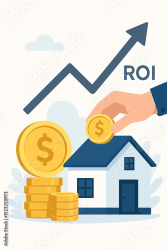 Real estate investment. Property growth. ROI concept. Financial strategy. Hand saves dollar coin in house. Mortgage, home buying. Wealth building. Property market investment. Savings returns.