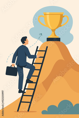 Businessman climbing career ladder to success, reaching for gold trophy. Metaphor for achievement, ambition, motivation, progress, goals. Professional development, leadership, victory concept.