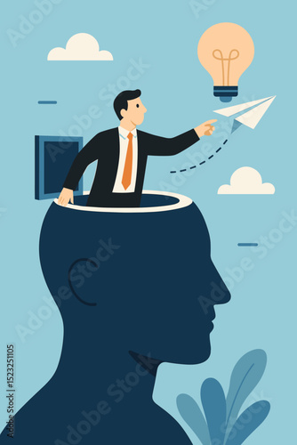 Launching new ideas concept. Businessman from open head silhouette throws paper airplane to lightbulb. Innovation, creativity, business strategy, startup vision. Think outside box, mindset.