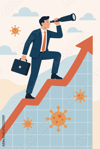 Businessman navigating economic growth, post-pandemic recovery concept. Visionary leader with telescope on upward graph arrow, financial strategy, investment outlook, overcoming virus challenges.