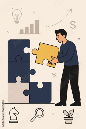 Businessman connecting puzzle piece, symbolizing strategic business solutions and problem-solving. Concept of teamwork, growth, innovation, finance, analysis for project completion and success.