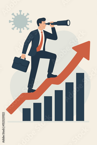 Navigating economic growth and financial recovery post-pandemic. Businessman with telescope on upward arrow chart. Business strategy, market forecast, investment vision, leadership in crisis.