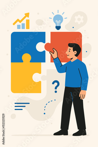 Dynamic strategic puzzle solving. Businessman connects pieces for innovative solutions. Teamwork drives business growth. Bright idea lightbulb, upward trend chart, problem-solving concept vector.