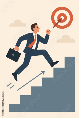 Businessman leaps up career stairs with briefcase, aiming for success target. Professional growth, goal achievement, ambition, motivation, corporate advancement. Business concept vector.