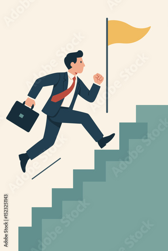 Ambitious businessman with briefcase makes a career leap, climbing stairs to success flag. Vector illustration symbolizing motivation, advancement, reaching goals, and corporate progress.